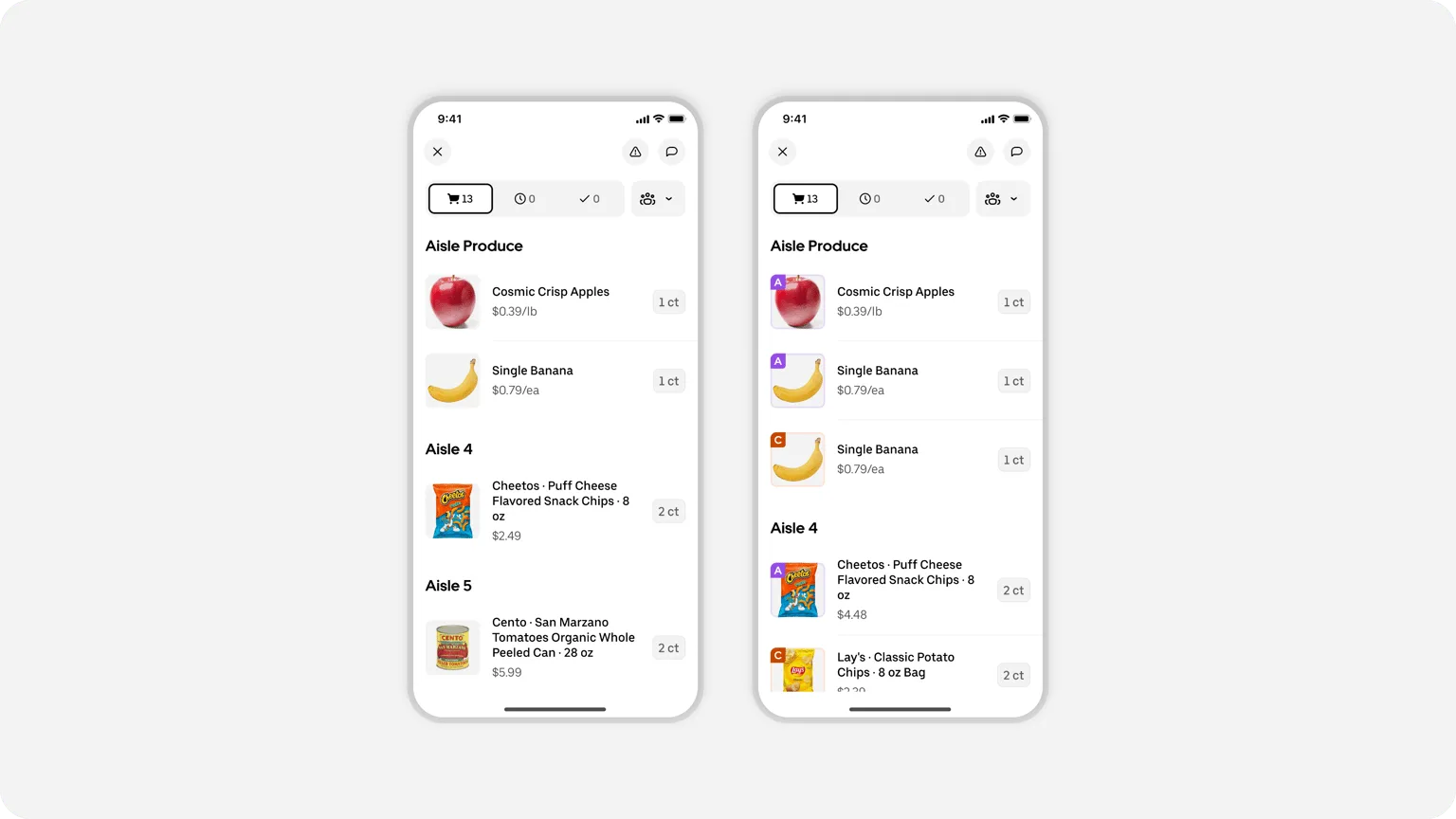 Two shopper app pick lists side by side; on the right, items from different orders are marked A and C