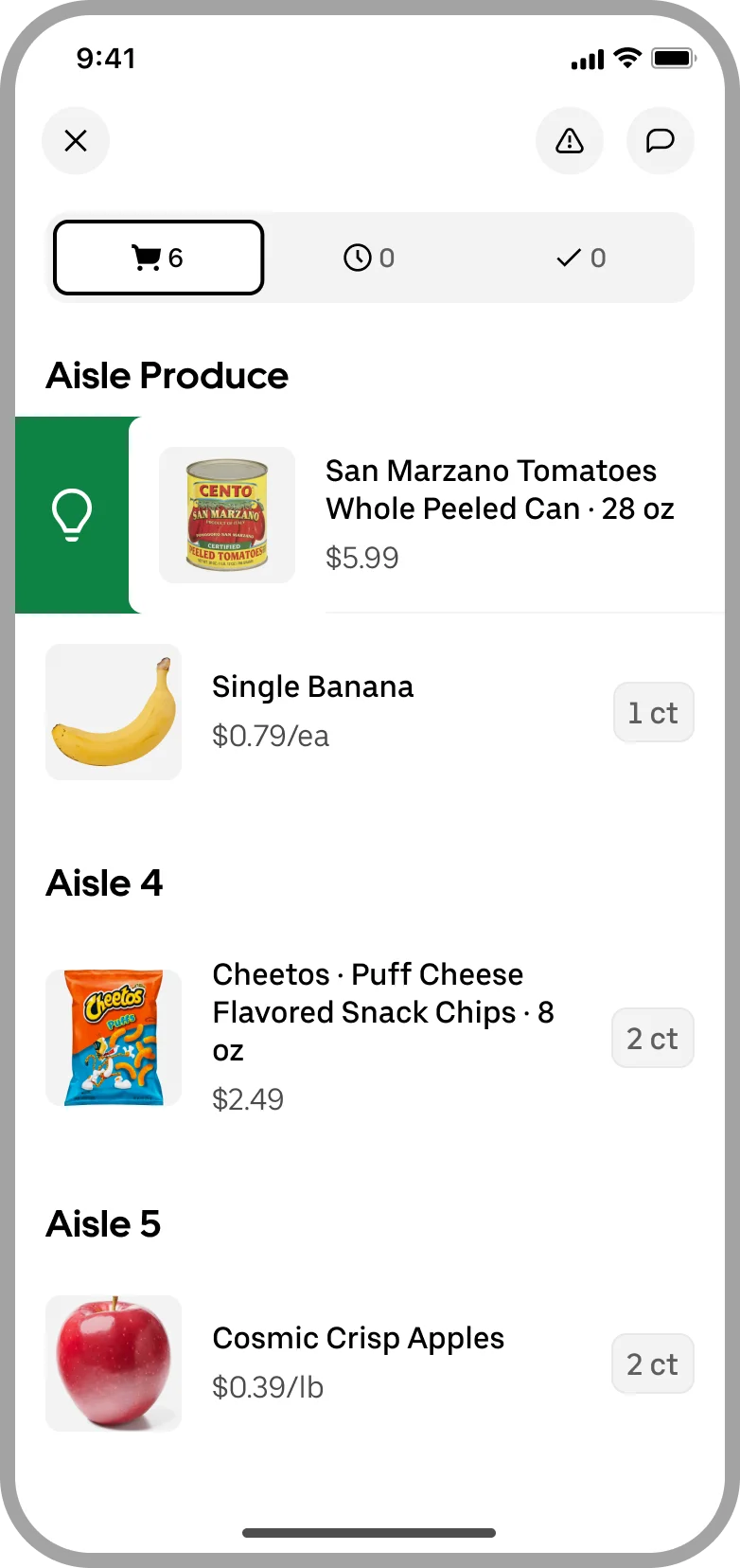 The pick list with a green swipe action on the San Marzano tomatoes row, showing a lightbulb
