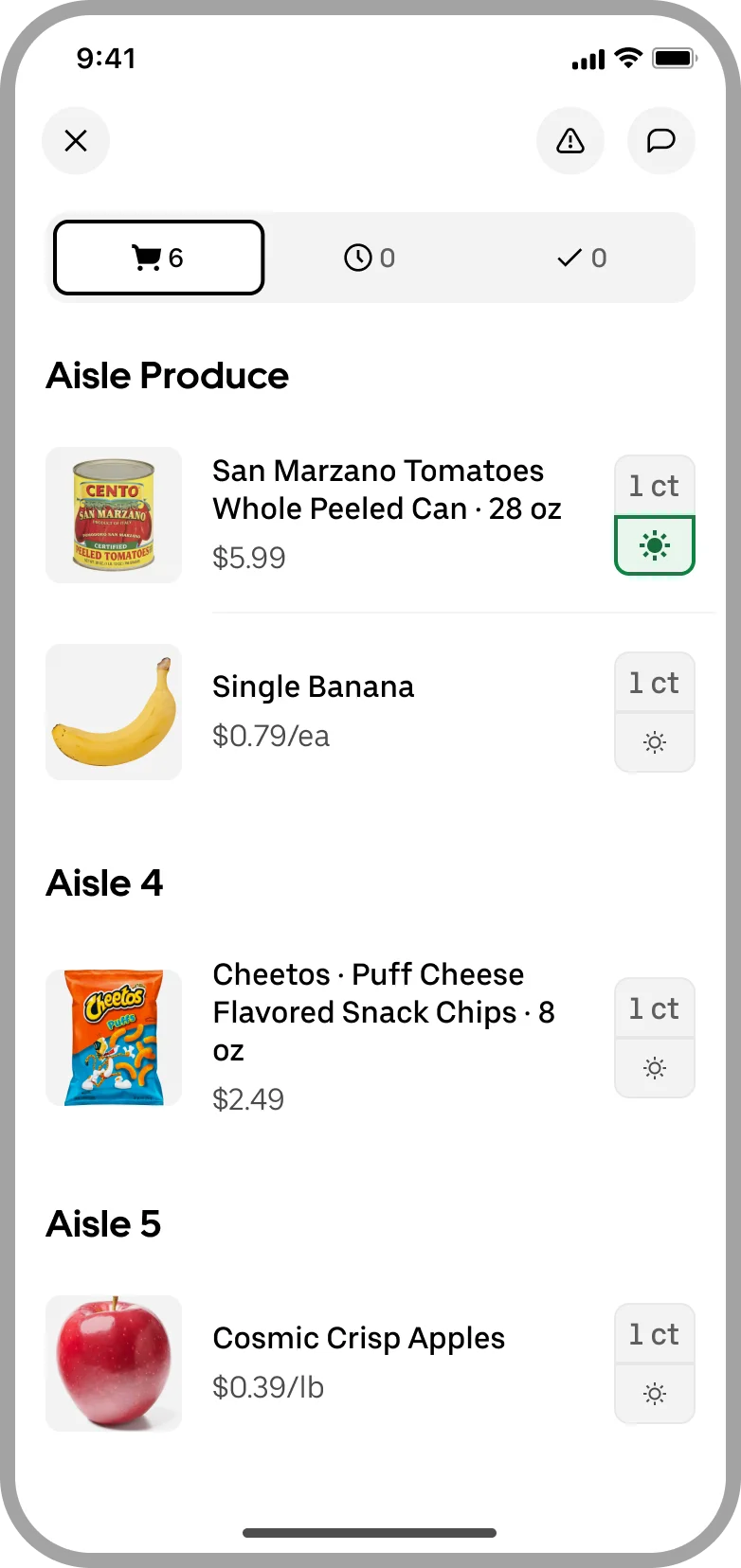 The pick list with a light button under each item's quantity, the first one lit green