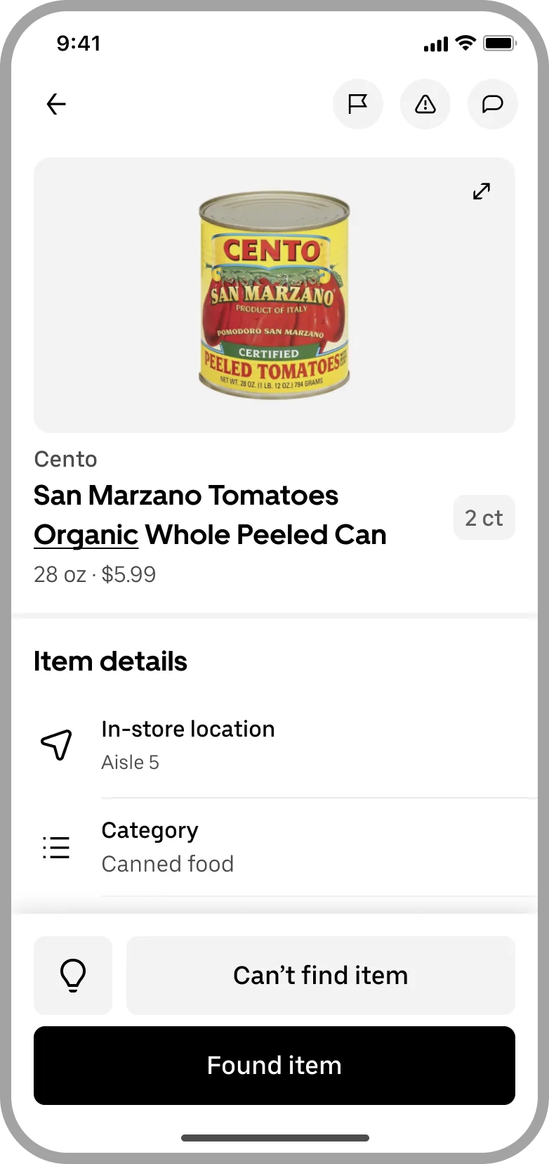 The product page for San Marzano tomatoes with a lightbulb button beside Can't find item